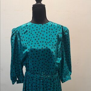 Chic Teal Long Sleeve Dress with Black Dots